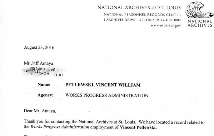 Vincent Petlewski First Part of National Archives WPA confirmation letter. (2)